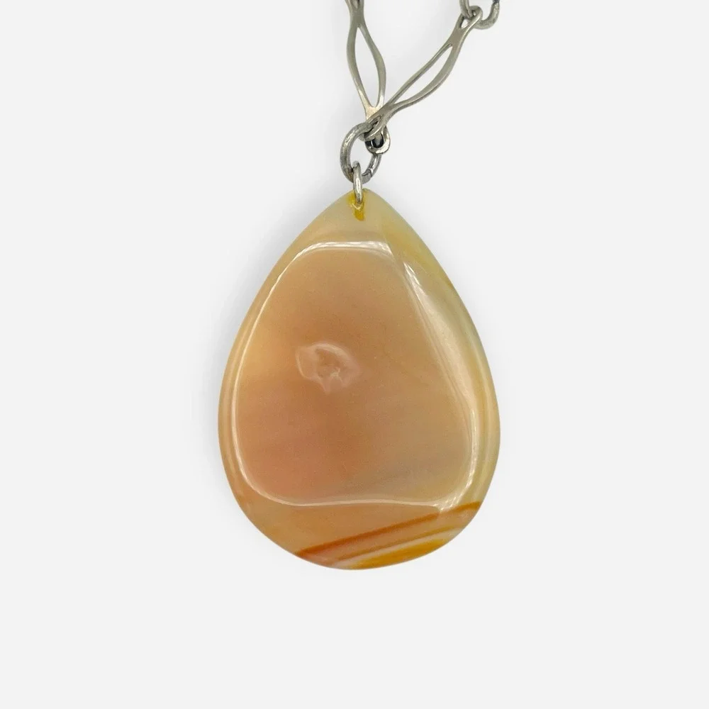 Artisan‎ Peach Beige Striped Agate Teardrop Pendant Necklace Silver Links 25.5